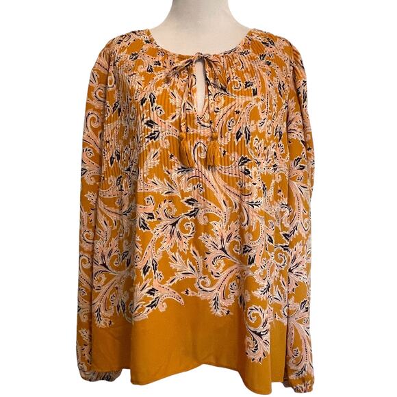 DR2 Mustard Paisley Blouse Womens Large Plisse Accordion Pleat Tassel Boho Top - Picture 2 of 11